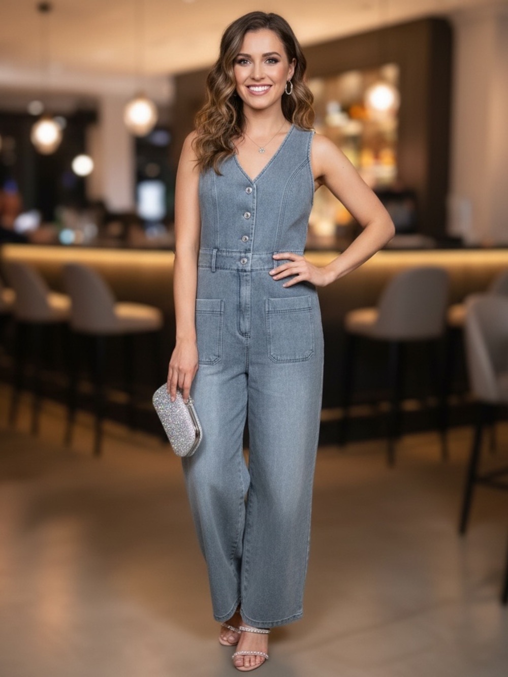 Sleeveless Light Wash Denim Jumpsuit